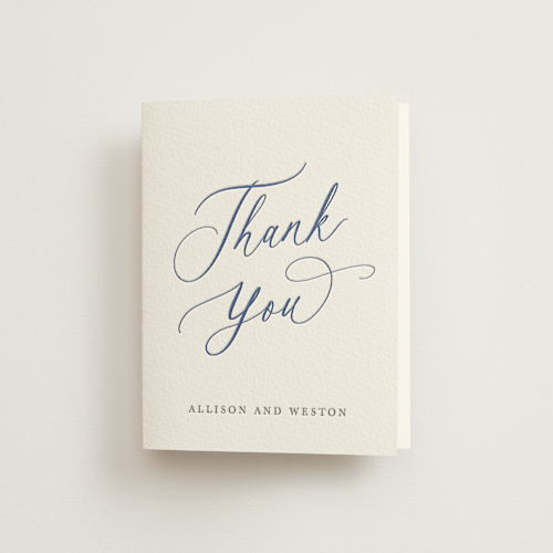 This is a lapis wedding thank you cards with letterpress by Hooray Creative called statement names printing on coventry320 in standard