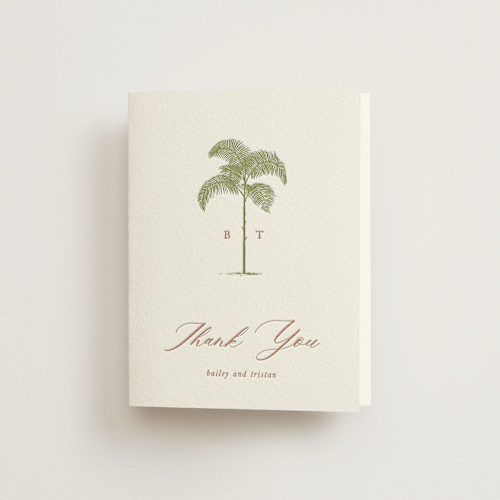 This is a pistachio wedding thank you cards with letterpress by Melinda Denison called palm printing on coventry320 in standard