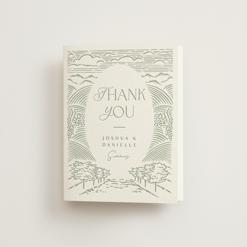 This is a mint wedding thank you cards with letterpress by Pink House Press called vineyard vows printing on coventry320 in standard