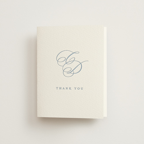 This is a provincial blue wedding thank you cards with letterpress by Creo Study called aristocratic printing on coventry320 in standard
