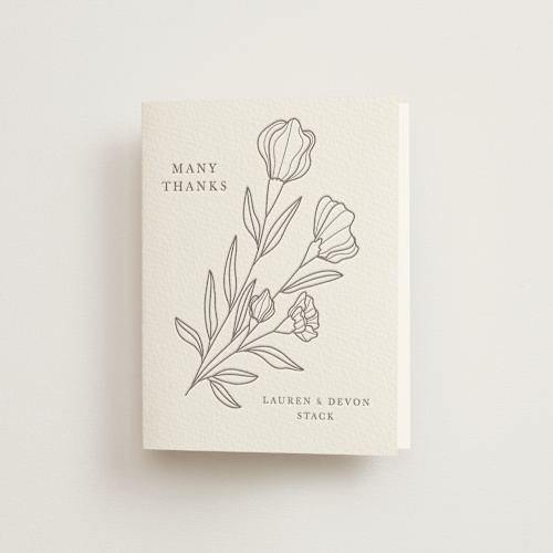 This is a graphite wedding thank you cards with letterpress by Deynaaz Daraei called bouvardia printing on coventry320 in standard