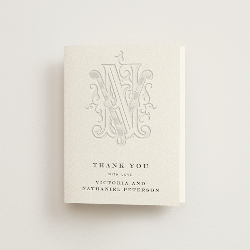 This is a soft black wedding thank you cards with letterpress by Jenna Holcomb called classically printing on coventry320 in standard