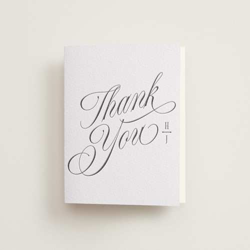 This is a soft black wedding thank you cards with letterpress by Kate Ahn called mirin printing on coventry320 in standard