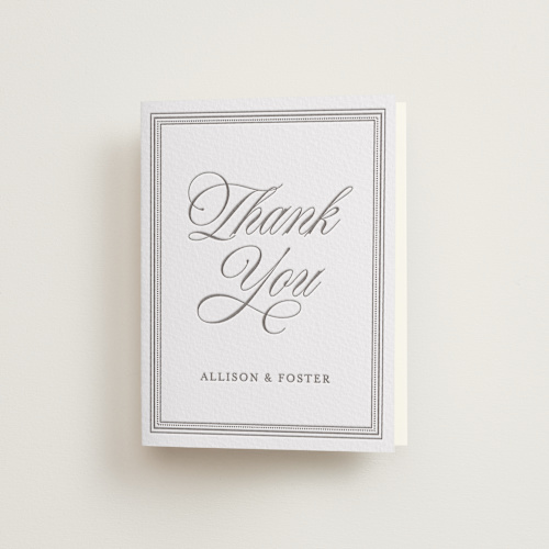 This is a graphite wedding thank you cards with letterpress by Jessica Williams called haverly printing on coventry320 in standard