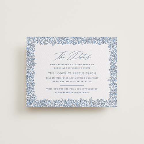 This is a provincial blue letterpress wedding invitations with letterpress by Erin Deegan called hummingbird botanicals printing on somerset500 in standard