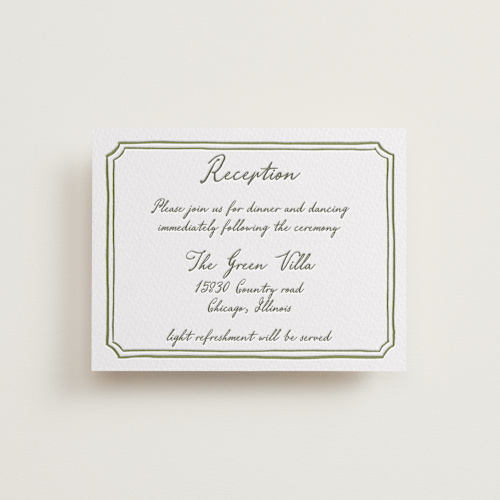 This is a moss letterpress wedding invitations with letterpress by Cass Loh called handwritten printing on somerset500 in standard