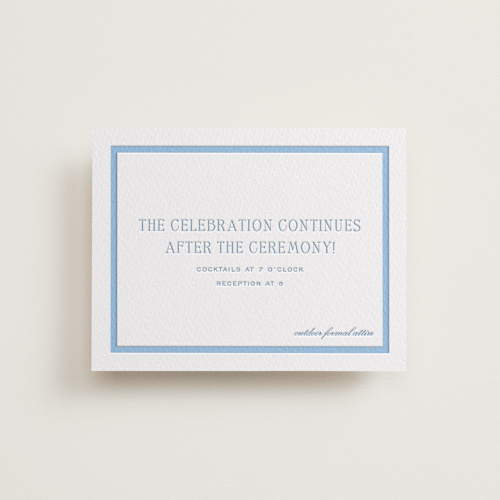 This is a sky blue letterpress wedding invitations with letterpress by Megan Davis called cheseapeake printing on somerset500 in standard
