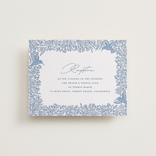 This is a provincial blue letterpress wedding invitations with letterpress by Erin Deegan called hummingbird botanicals printing on somerset500 in standard
