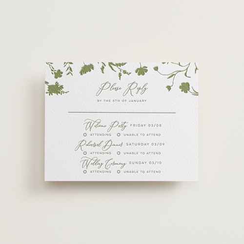 This is a pistachio rsvp cards with letterpress by Erin Hodges called untied printing on somerset500 in standard