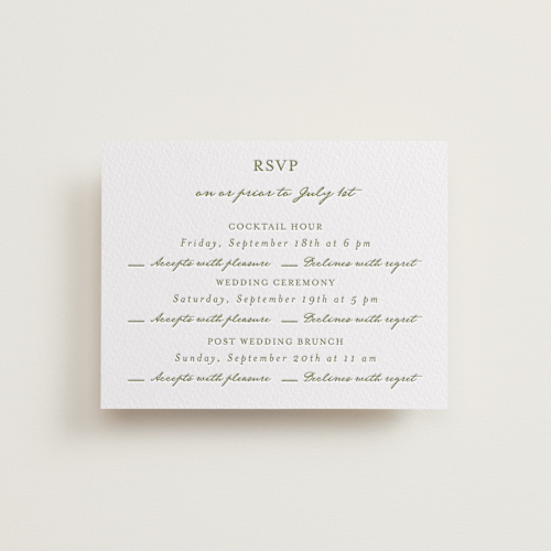 This is a pistachio rsvp cards with letterpress by Maja Cunningham called villa printing on somerset500 in standard