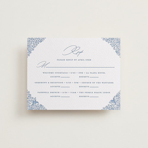 This is a provincial blue rsvp cards with letterpress by Erin Deegan called hummingbird botanicals printing on somerset500 in standard