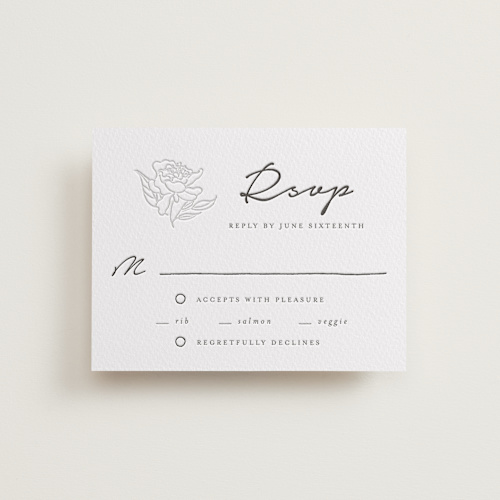 This is a soft black | blind deboss rsvp cards with letterpress by Qing Ji called my dearest printing on somerset500 in standard