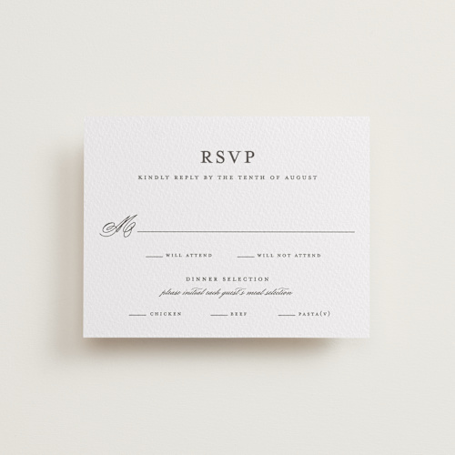This is a soft black rsvp cards with letterpress by Olivia Raufman called classic composition printing on somerset500 in standard