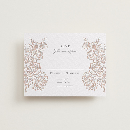 This is a latte | gravel rsvp cards with letterpress by Jennifer Postorino called in bloom printing on somerset500 in standard