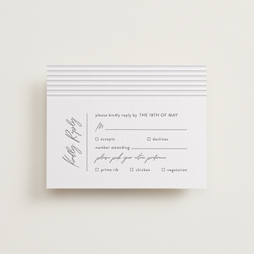 This is a pewter rsvp cards with letterpress by Shannon Chen of Four Wet Feet Studio called art deco printing on somerset500 in standard