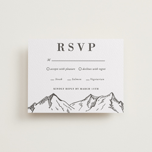 This is a soft black rsvp cards with letterpress by Winston Latchman called etched mountain printing on somerset500 in standard