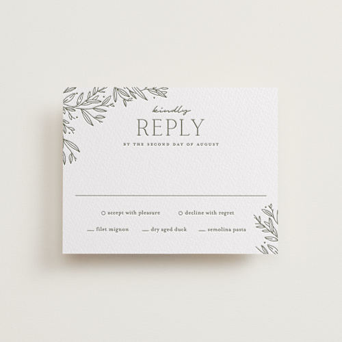 This is a moss rsvp cards with letterpress by Oscar and Emma - Karly Depew called beauty of nature printing on somerset500 in standard