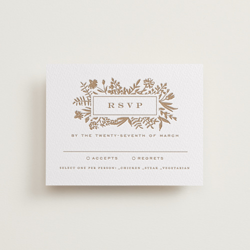 This is a matte gold rsvp cards with letterpress by Amy Kross called morning fields printing on somerset500 in standard
