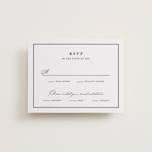 This is a soft black rsvp cards with letterpress by Stacey Meacham called heritage printing on somerset500 in standard