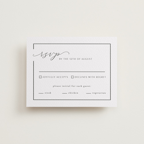 This is a pewter rsvp cards with letterpress by Nicole Walsh called asymmetry printing on somerset500 in standard