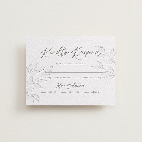 This is a warm gray rsvp cards with letterpress by Wildfield Paper Co called vine printing on somerset500 in standard