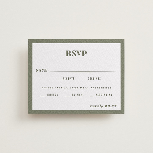 This is a moss rsvp cards with letterpress by Robert and Stella called sequoia printing on somerset500 in standard