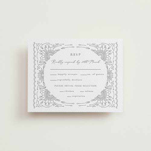 This is a ash rsvp cards with letterpress by Devika Keskar called splendor printing on somerset500 in standard