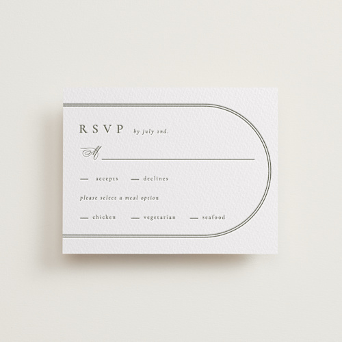 This is a moss rsvp cards with letterpress by Corinne Malesic called classic arch printing on somerset500 in standard