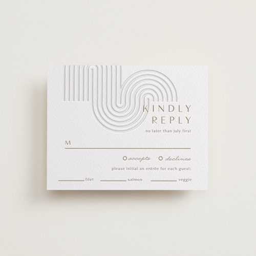 This is a matte gold rsvp cards with letterpress by Alaina Cherup called bonseki printing on somerset500 in standard