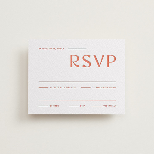 This is a neon orange rsvp cards with letterpress by Blustery August called boldly printing on somerset500 in standard