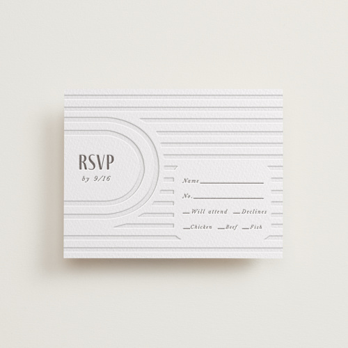 This is a warm gray rsvp cards with letterpress by Itsy Belle Studio called hilo printing on somerset500 in standard