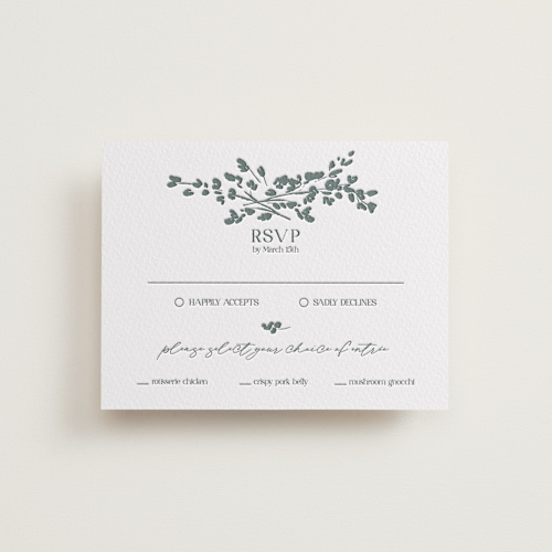 This is a stone rsvp cards with letterpress by Justyna Zawadzka called whimsy blooms printing on somerset500 in standard