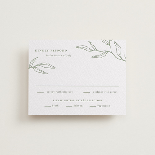 This is a mint rsvp cards with letterpress by Oscar and Emma - Karly Depew called amidst nature printing on somerset500 in standard