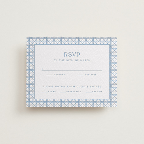 This is a sky blue rsvp cards with letterpress by Ellen Schlegelmilch called delicate rattan printing on somerset500 in standard
