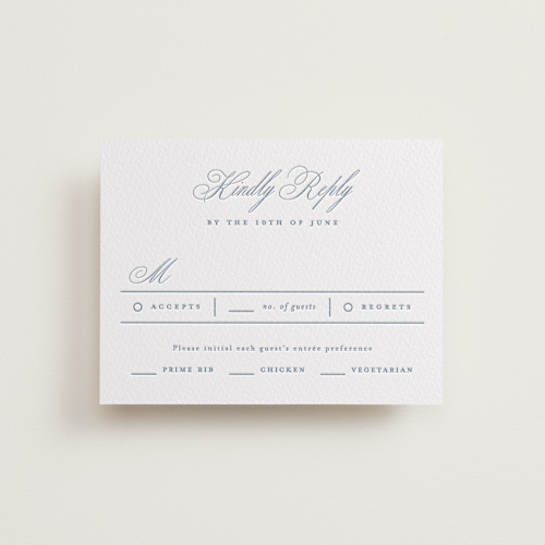 This is a provincial blue rsvp cards with letterpress by Everett Paper Goods called simple formality printing on somerset500 in standard