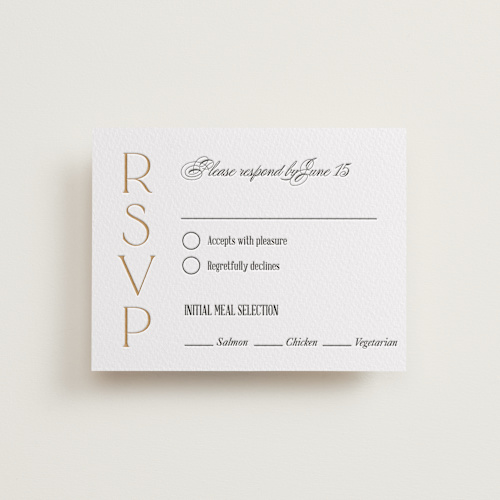 This is a faux gold rsvp cards with letterpress by Pink House Press called spellbound printing on somerset500 in standard