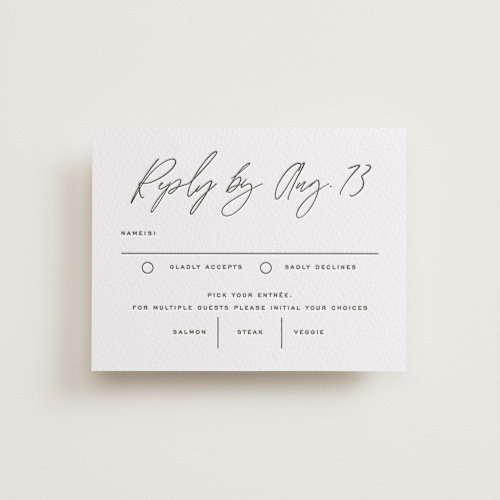 This is a charcoal rsvp cards with letterpress by Owl and Toad called terrace printing on somerset500 in standard