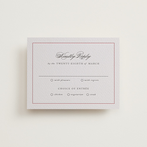 This is a scarlet rsvp cards with letterpress by Design Lotus called steeped in tradition printing on somerset500 in standard