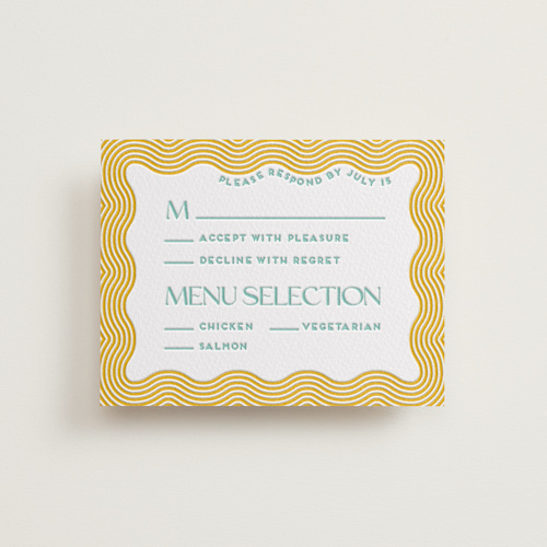 This is a seafoam rsvp cards with letterpress by Claudia Orengo called good vibes printing on somerset500 in standard