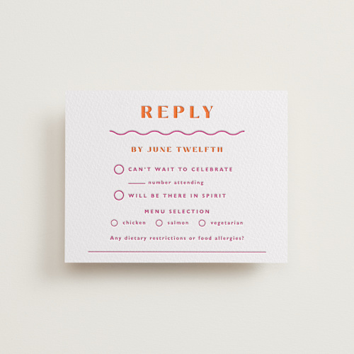 This is a fuchsia rsvp cards with letterpress by Olivia Raufman called tanti baci printing on somerset500 in standard