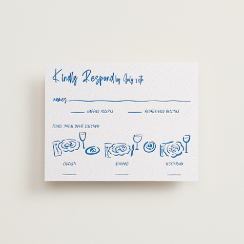 This is a sapphire rsvp cards with letterpress by Jenna Holcomb called sketched crest printing on somerset500 in standard