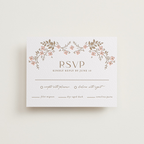 This is a matte gold rsvp cards with letterpress by Susan Zinader called wildflower garland printing on somerset500 in standard