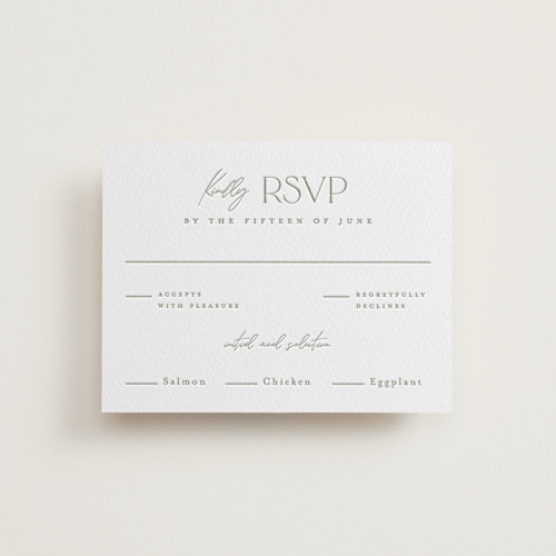 This is a mint rsvp cards with letterpress by Pink House Press called vineyard vows printing on somerset500 in standard
