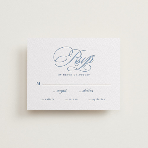 This is a provincial blue rsvp cards with letterpress by Creo Study called aristocratic printing on somerset500 in standard