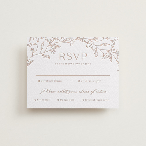 This is a latte rsvp cards with letterpress by Vera Lim called camellia.. printing on somerset500 in standard