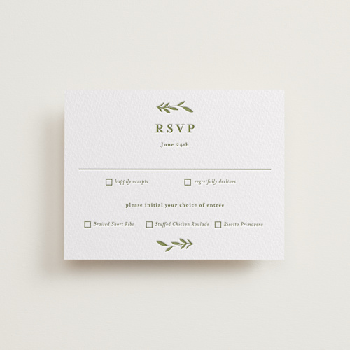 This is a pistachio rsvp cards with letterpress by Susan Moyal called greenery vine printing on somerset500 in standard
