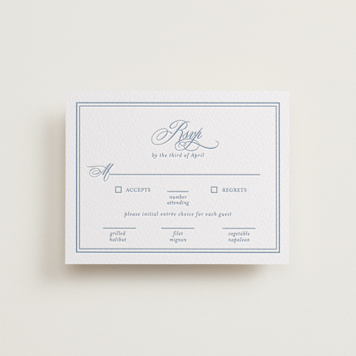 This is a provincial blue rsvp cards with letterpress by Melinda Denison called the chapel printing on somerset500 in standard