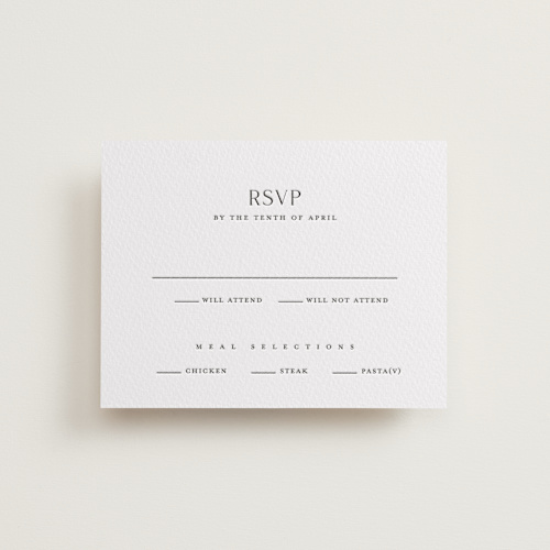 This is a soft black rsvp cards with letterpress by Stacey Meacham called simple charm printing on somerset500 in standard