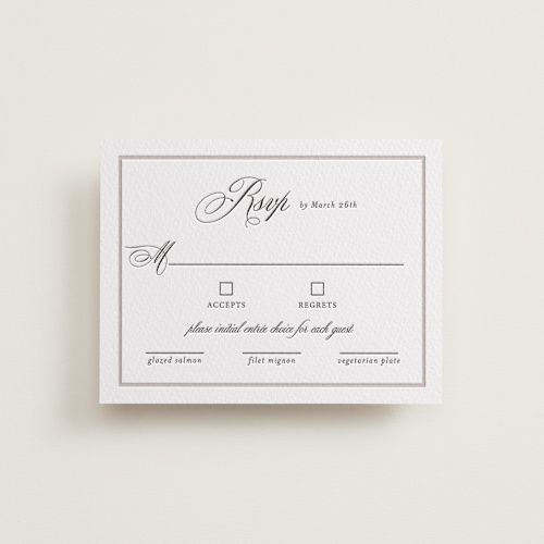 This is a soft black rsvp cards with letterpress by Melinda Denison called royal printing on somerset500 in standard