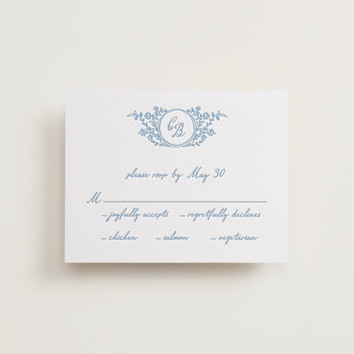 This is a sky blue rsvp cards with letterpress by Creo Study called garden romance printing on somerset500 in standard